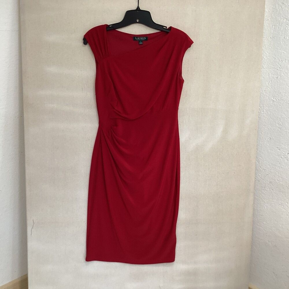 lauren ralph lauren womens dress sz 4 red sleeveless ruched cocktail party